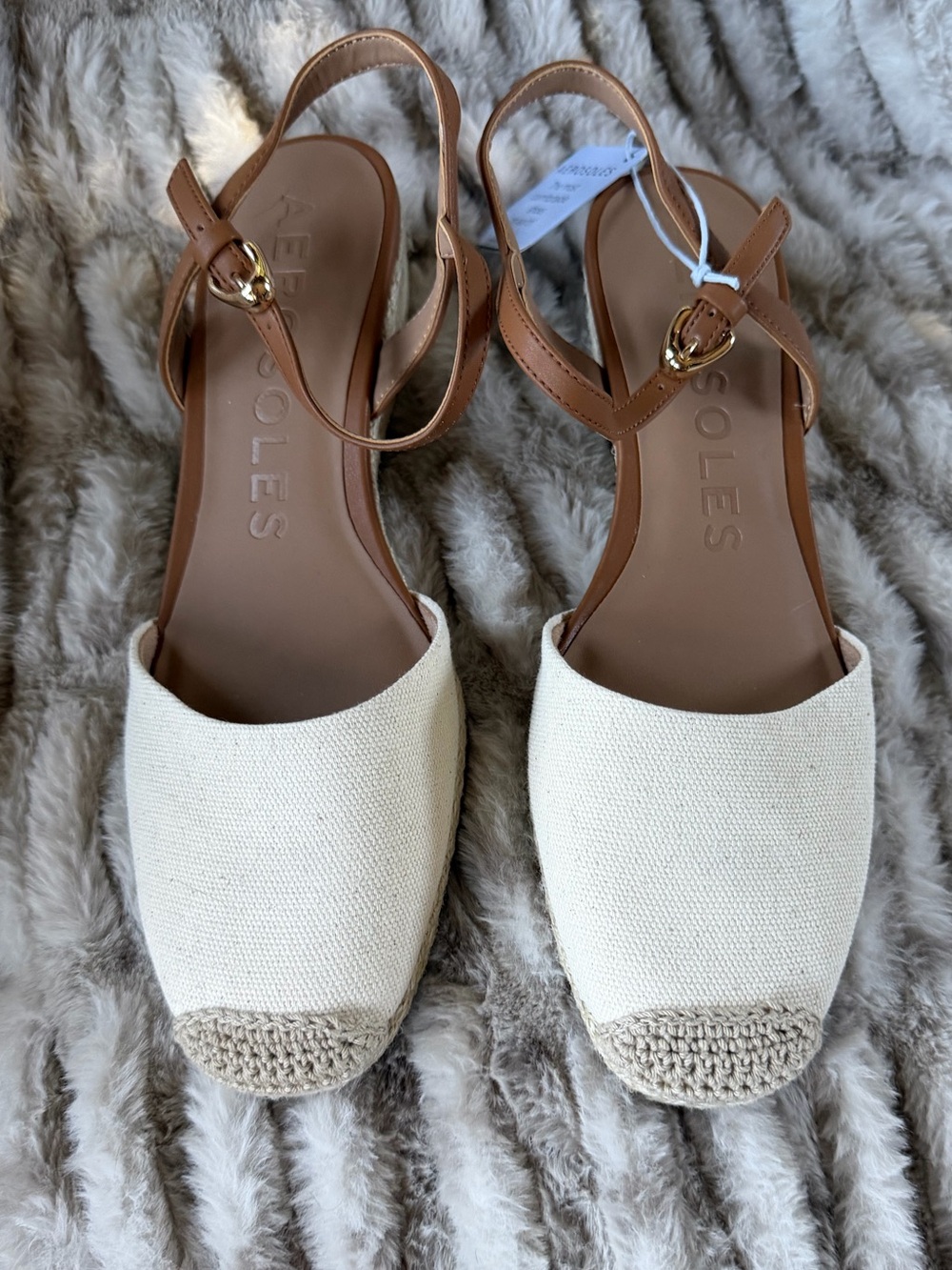 AEROSOLES Cream Canvas & Tan Leather Espadrille Slingbacks with Gold Buckles